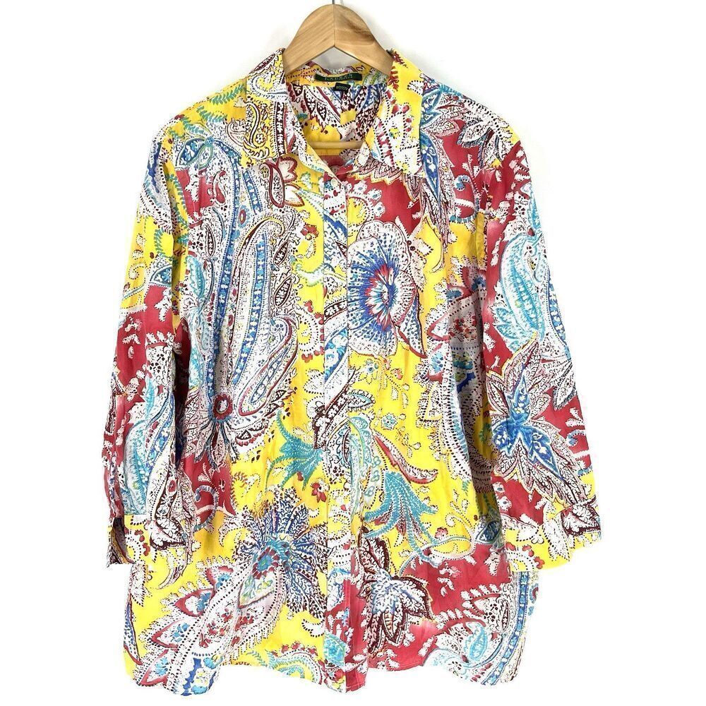 Lauren Ralph Lauren Shirt Size 3X Yellow Paisley Print Button Down Top Blouse
